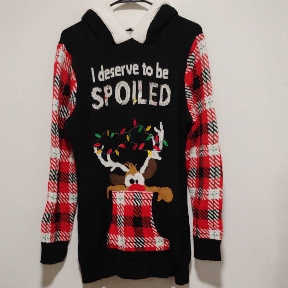 No Boundaries | Black + Red Plaid Rudolph Ugly Christmas Sweater | Women's XXXL